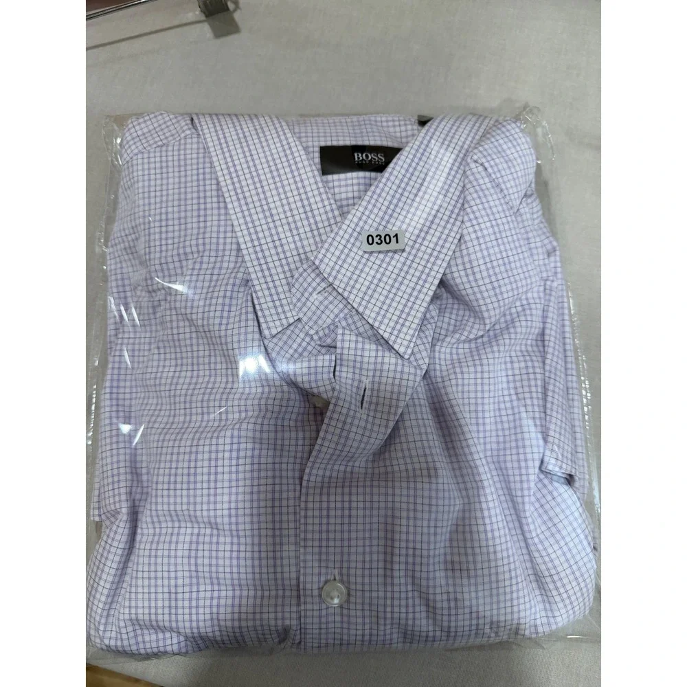 Hugo Boss Mens Purple White Micro Check Button Down Shirt 17.5 34/35 Long Sleeve